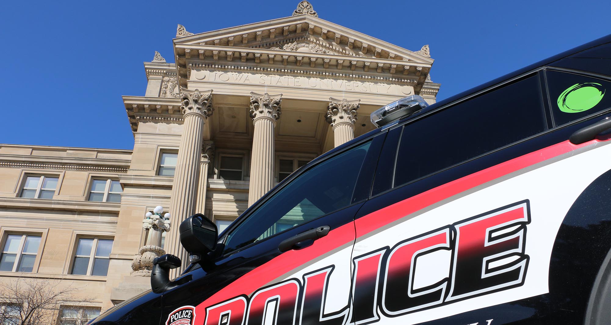 ISU Police car parked in front of Beardshear Hall.